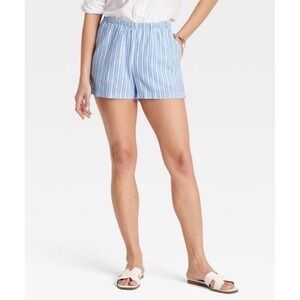 Women Mid Rise Linen Pull On Shorts A New Day Medium Blue Striped Adj Waist